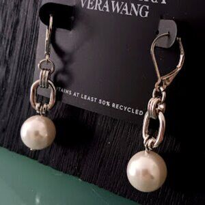 VERA WANG Mod/Contemporary Silver Smooth/Textured White Pearl Drop Earrings**NEW